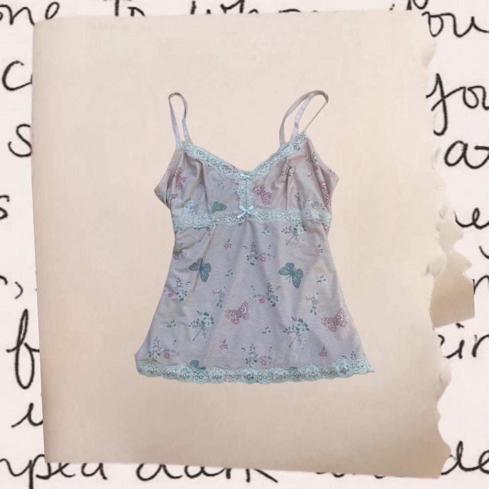 pastel lace trim butterfly print camisole with bow accents